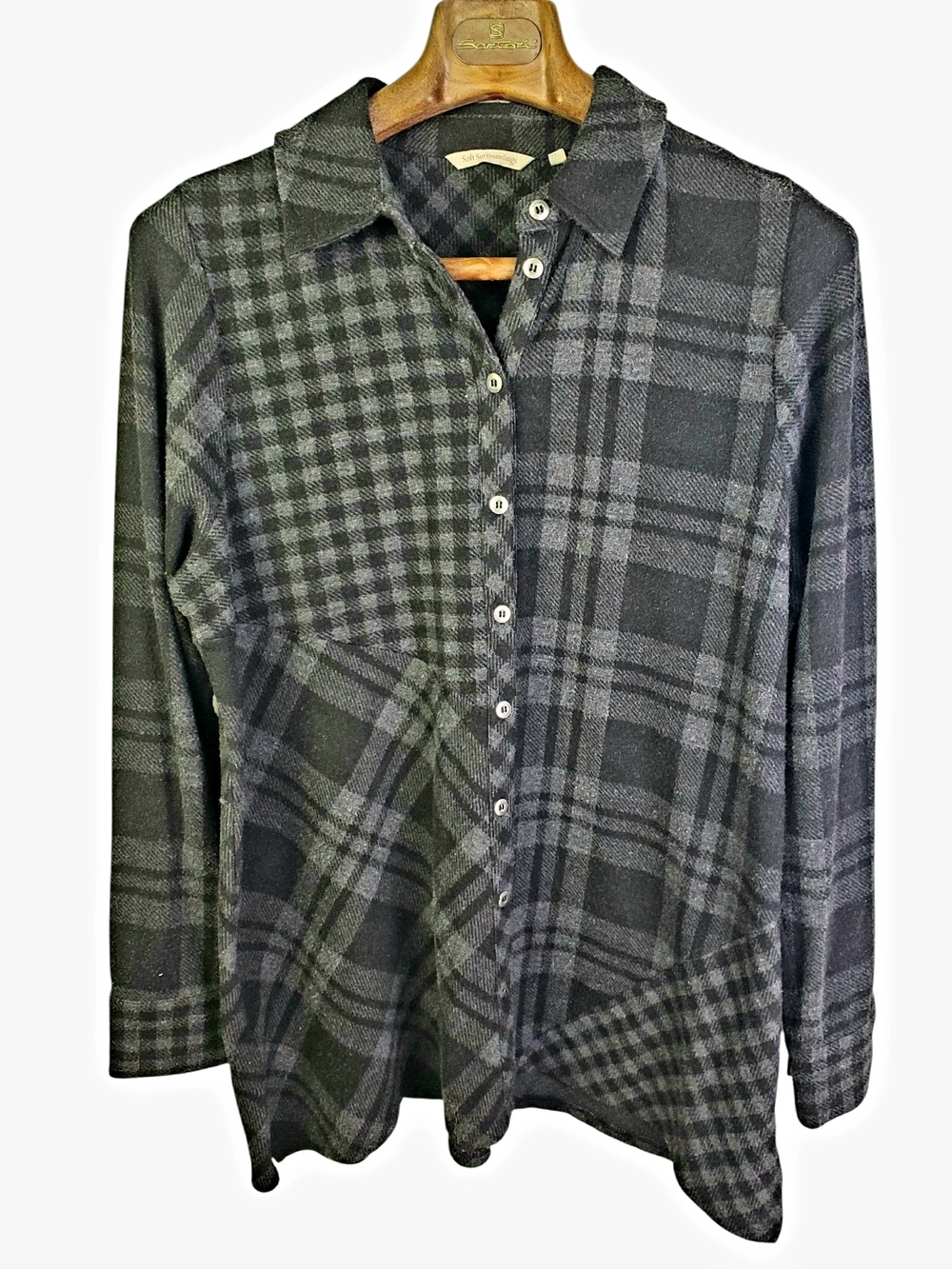 Soft Surroundings Mixed Plaid Knit Tunic Button Down Top Charcoal Grey XL. #390